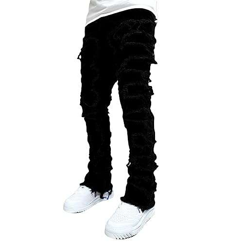 Herren Destroyed Stretch Jeans Slim Fit Jeans Skinny Hip Hop Denim Hose Mit Löchern Für Männer Zerrissene Jeans Schwarze Vintage Freizeithose (Schwarz, XL) von Bellezasourire