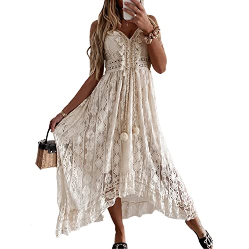 Sommerkleid Damen Ärmellos V Ausschnitt Spagettiträgern Boho Lang Lose Maxi Kleider Retro Spitzen Strandkleid Elegant Casual A Linie Kleid Cocktailkleid Abendkleid(L,Beige) von Bellezasourire