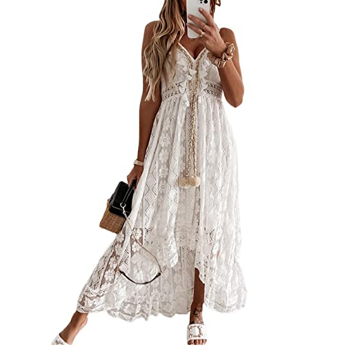 Sommerkleid Damen Ärmellos V Ausschnitt Spagettiträgern Boho Lang Lose Maxi Kleider Retro Spitzen Strandkleid Elegant Casual A Linie Kleid Cocktailkleid Abendkleid(L,Weiß) von Bellezasourire