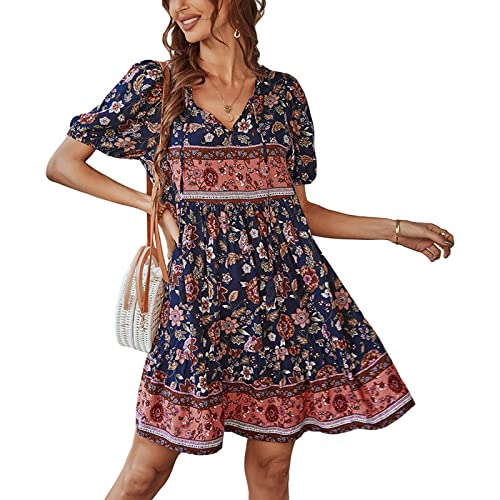 Sommerkleid Elegant Damen Bohemian Tunika Kleid Strandkleid Tunikakleider Vintage Strandtunika Kurzarm V-Ausschnitt Kleid Blumendruck Kurzes Tops (Marine Blau B,M) von Bellezasourire