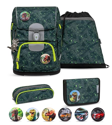 Belmil Motion ergonomisches Schulranzen Set 5-teilig aus recyceltem Material mit Brustgurt, Hüftgurt, Magnetverschluss, Patch Set 6 Stück (405-74/AG/S) (Green Splash 2) von Belmil