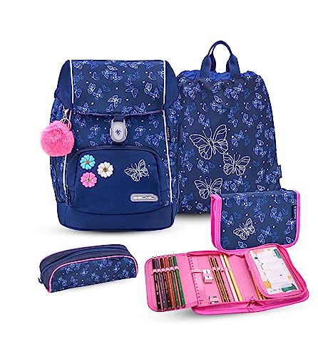 Belmil Premium Comfy Plus Schulranzen Set 5-teilig Für kleine Kinder, Erstklässler, AGR, Brustgurt, Hüftgurt, Magnetverschluss (405-73/P/S Sapphire) von Belmil