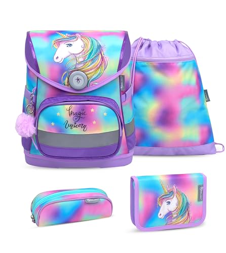 Belmil ergonomischer Schulranzen Set 4 -teilig für Mädchen 1-4 Klasse Grundschule/Brustgurt/Magnetverschluss (405-41 Rainbow Color) von Belmil