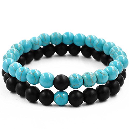 Belons Damen Herren Unisex 8mm Beads Armband Energiestein Stretcharmband Partnerarmbänder Set Armketten, 2 Stücke(Blau Schwarz) von Belons