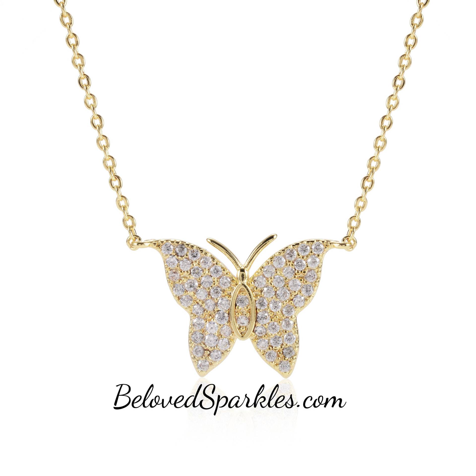 3 Amber Pave Cz Butterfly Gold Pendant Necklace-Clear Cubic Zirconia Faux Diamond Butterflies Goldtone Fashion Girl Flowergirls von BelovedSparkles