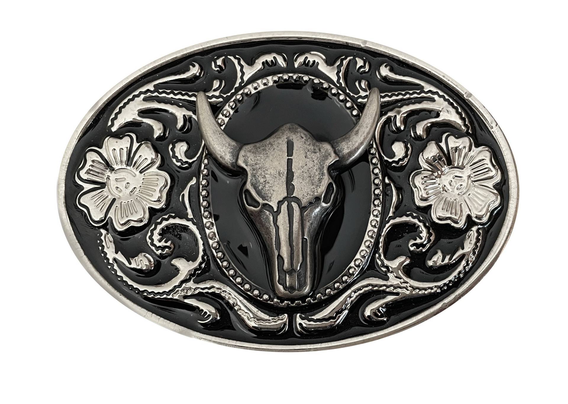 Steer Skull Gürtelschnalle - Bull Kuh Skelett Kopf Western Style Silber Portrait Custom Animal Cowboy Cowgirl Blume Floral Schwarz Oval von BeltsBucklesBolos