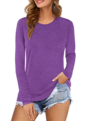 Beluring Basic Oberteil Damen T Shirt Langarm Rundhalsausschnitt Bluse Hemd Tshirt Lila XXL von Beluring