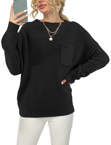 Beluring Damen Elegant Langarm Oberteile Rundhals Strickpullover Casual Grobstrick Sweater Schwarz L von Beluring