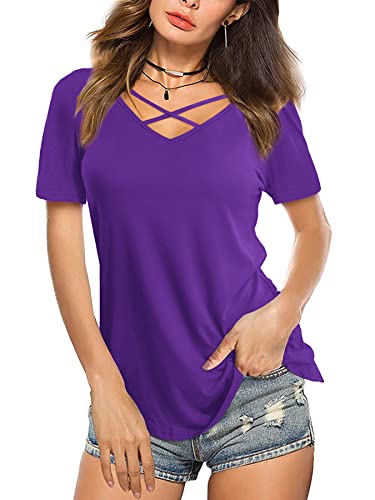 Beluring Damen Longshirts Sexy V Ausschnitt Kurzarm T Shirts Tops Violett XXL von Beluring