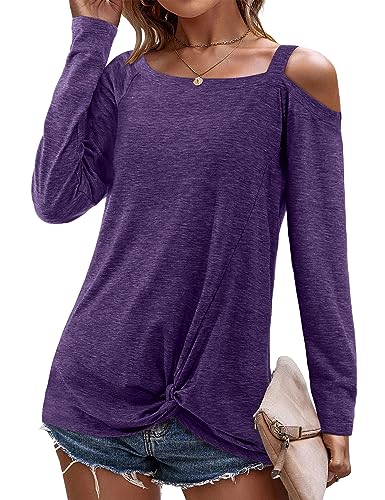 Beluring Damen Oberteile Tunika Langarmshirt Einfarbig Schulterfrei Bluse Violett L von Beluring