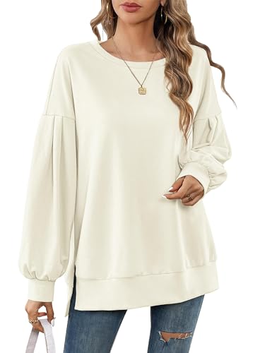 Beluring Damen Sweatshirts Rundhals Langarm Oberteile Casual Einfarbig Basic Longshirt Creme M von Beluring