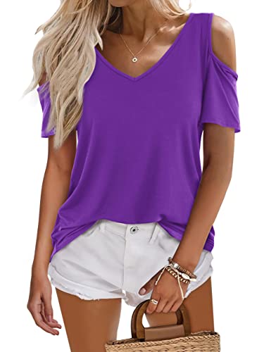 Beluring Damen Sommer Offene Schulter T-Shirts V-Ausschnitt Elegant Tunika Oberteil Lila XXL von Beluring