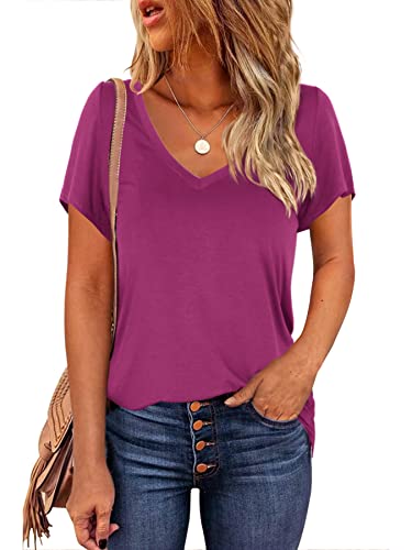 Beluring Damen Tunika Casual Kurzarm Bluse Sexy V-Ausschnitt Weiche Basic Oberteile Lila L von Beluring