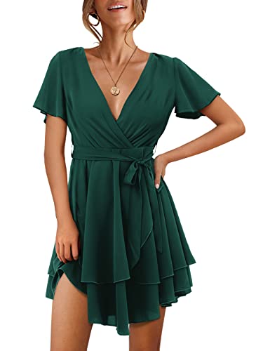 Beluring Kleid Kurzarm Damen Tunikakleid Freizeitkleid Swing Plissee Gürtel Kleider Dunkelgrün XXL von Beluring