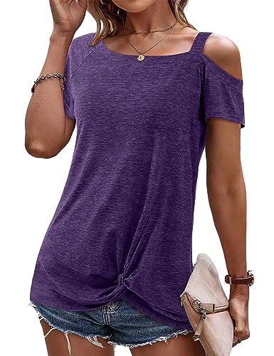 Beluring Longshirt Damen Kurzarm Sexy Oberteil Schulterfrei Tshirt Sommer Tops Bluse Tunika Lila S von Beluring