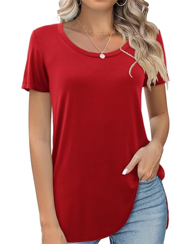 Beluring Damen Tshirt Kurzarm Shirts Sommer Top Einfarbig T-Shirt Rot S von Beluring