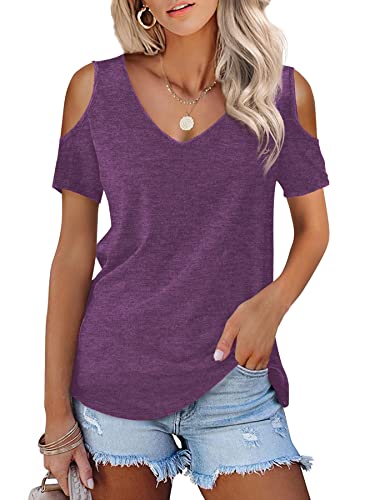 Beluring Sommer Oberteile Damen Kurzarm Offene Schulter Tshirts Sexy V-Ausschnitt Tunika Bluse Violett S von Beluring