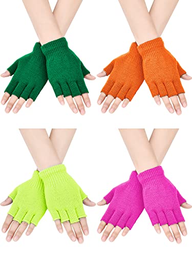 Bememo 4 Paar Halb Fingerhandschuhe Winter Gestrickte Fingerlose Handschuhe für Männer Frauen (Rot, Orange, Hautrot, Smaragdgrün, fluoreszierendgrün) von Bememo