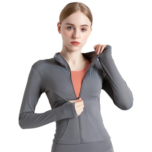 BenBoy Damen Laufjacke Atmungsaktive Sportjacke Langarm Weiches Gym Top Leichtes Trainingsjacke mit Reißverschluss Fitness Top mit Daumenlöchern Yoga Wandern SYMTWT03-Gery-XL von BenBoy