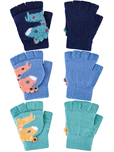 3 Paar Kinder Fingerlose Handschuhe Winter Warm Strick Halbfinger Flip Top Fäustlinge, 5-10 Jahre (Marineblau, Blau, Grün) von Bencailor