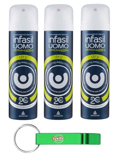 3 x Infasil Deo-Spray für Herren, Derma48H Dry, hervorragender Schutz gegen überschüssiges Schweiß, 150 ml + Schlüsselanhänger von Beni Culinari von Beni Culinari