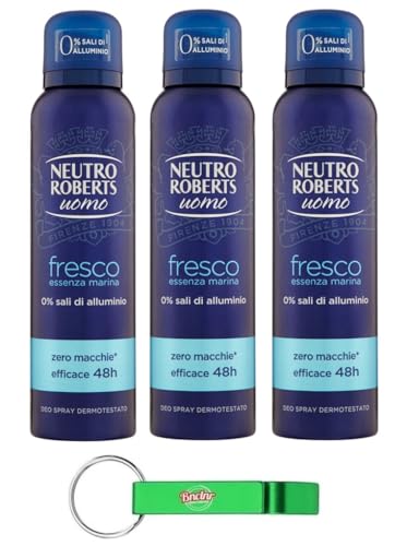 3x Neutro Roberts Deodorante Spray Uomo Fresco Essenza Marina,Deospray für Männer,Wirksam 48 Stunden Ohne Salze - 150ml + Beni Culinari Kostenloser Schlüsselanhänger von Beni Culinari