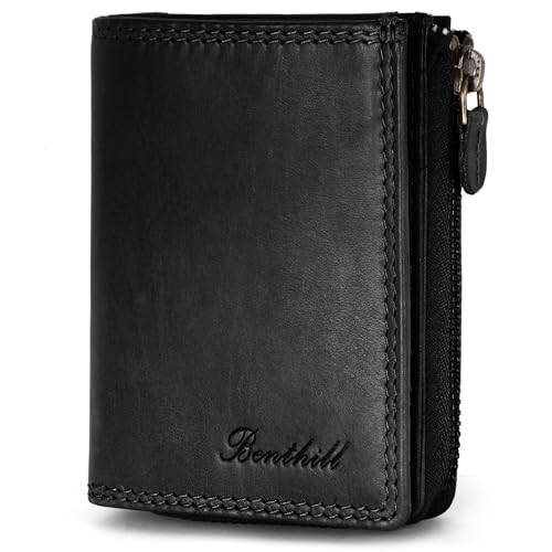 Benthill Kleine Geldbörse Echt Leder | Damen & Herrren Geldbeutel mit RFID Schutz | 7 Kartenfächer | Slim-Wallet inkl. Geschenkbox, Farbe:Schwarz von Benthill