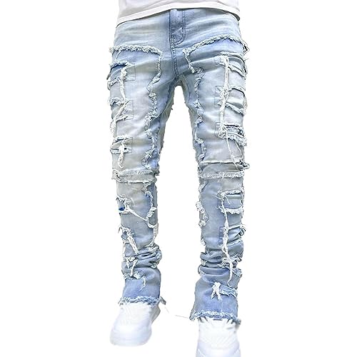 Aufgesetzte Jeans Ripped Straight Flare Jeans Hose Röhrenjeans Herren Patchwork Distressed Washed Vintage Lose Punk Denim Hose Hip Hop Jeans Mode Skateboard Jeanhose von Beokeuioe