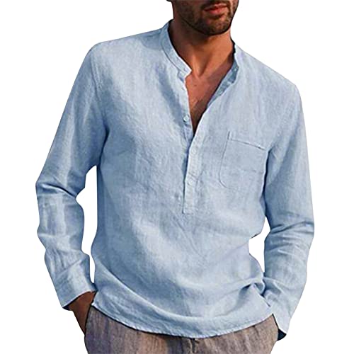 Beokeuioe Baumwolle Shirt Langarmshirts Herren Lässiges Stehkragen Hemd Langen Ärmeln Taschen Tops Herren Baumwolle Leinen Henley Shirt Casual Hippie Beach Langarm T-Shirts Frühling von Beokeuioe