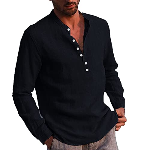 Beokeuioe Baumwolle Shirt Langarmshirts Herren Lässiges Stehkragen Hemd Langen Ärmeln Taschen Tops Herren Baumwolle Leinen Henley Shirt Casual Hippie Beach Langarm T-Shirts Frühling von Beokeuioe