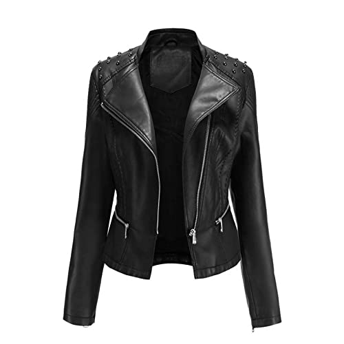 Beokeuioe Bikerjacke mit Reißverschluss, Kunstlederjacke Damen, Lederjacke mit Nieten, Reverskragen dünne Jacke Frühling Winter Motorradjacke Punk Motorradjacke Rock Pilotenjacke Beokeuioe Bikerjacke mit Reißverschluss, Kunstlederjacke Damen, Lederjacke mit Nieten, Reverskragen dünne Jacke Frühling Winter Motorradjacke Punk Motorradjacke Rock Pilotenjacke von Beokeuioe