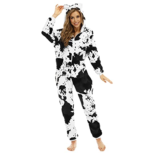 Beokeuioe Damen Jumpsuit Teddy Fleece Schlafanzug Winter Warm Hausanzug Einteiler Onesie Plüsch Overall Kuh Druck verdickte doppelseitige Fleece Ohr Bodysuit PyjamaLang Pyjama Flauschig von Beokeuioe