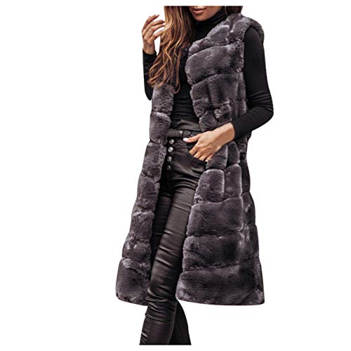 Beokeuioe Damen Weste lang Kunstpelz Weste mit Kapuze Elegant Fellweste Ärmellose Pelzmantel Herbst Winter Warme Kunstfell Cardigan Lose Winterjacke Pelzweste Jacke von Beokeuioe