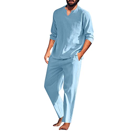 Beokeuioe Herren Baumwolle Leinen Schlafanzug Langarm Shirt und Loungehose mit V Ausschnitt Zweiteiliger Nachtwäsche Männer Pyjama-Set Retro Lange Ärmel T-Shirt von Beokeuioe