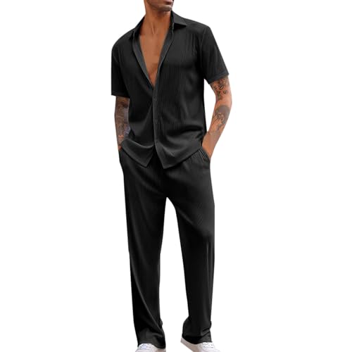 Beokeuioe Herren Freizeitanzug Herren Loungewear Sommer 2 Teilig kurzarmhemd und Strandhose Hausanzug Jogginganzug Yoga Anzug Strandanzug für Männer Schlafanzüge Pyjama sets von Beokeuioe