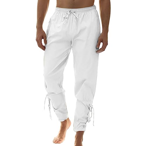 Beokeuioe Herren Piratenkostüm Wikinger Hose Herren Leinen Hose mit Taschen Renaissance Piratenhose Herren Universal Fit Leinenhose Lang Leicht Sommerhose Freizeithose für Urlaub Strand von Beokeuioe