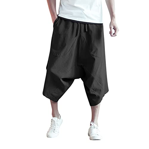 Beokeuioe Lässig 3/4 Hosen Kurze Hose Männer Baumwolle Leinen Einfarbig Elastische Taille Shorts T Herren Hip-Hop Atmungsaktiv Japanische Koreanische Yogahosen von Beokeuioe