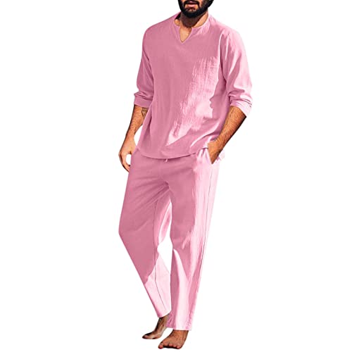 Beokeuioe Männer Pyjama-Set Herren Baumwolle Leinen Schlafanzug Zweiteiliger Nachtwäsche Langarm Shirt und Loungehose mit V Ausschnitt Retro Lange Ärmel T-Shirt von Beokeuioe