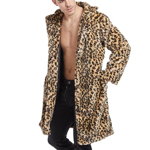 Beokeuioe Mantel Herren Lang Leopard Muster Kunst Felljacke, Winterjacke Männer Pelzmantel Kunstpelz Lange Jacke Faux Cardigan Lange von Beokeuioe