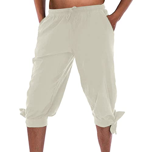 Beokeuioe Mittelalter Kostüm Herren Kurz Hose Pluderhose Mit Schnürung Sommerhose Wikinger Pirat Freizeithose Strand Shorts 3/4 Leinenhose Baggy shorts Yoga hosen von Beokeuioe