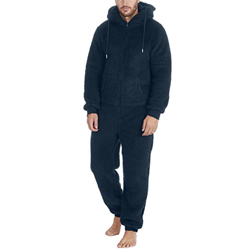 Beokeuioe Onesie mit Kapuze Jumpsuit Herren Kuschelig Schlafanzug, Jumpsuit Fleece Overall Pyjama Langarm Hoodies Männer Paar Reißverschluss Warm Plüsch Bodysuit Threaded Warm Pyjama von Beokeuioe