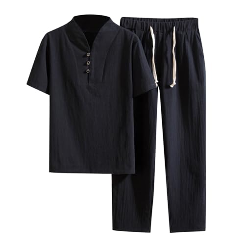 Kurzarmhemd und hose Sets Zweiteiler Herren Freizeitanzug 2-Teilig Outfits Sommer Einfarbig Strandanzug V-Ausschnitt Beach Shirt Kurze Hose Set Loungewear Pyjama von Beokeuioe