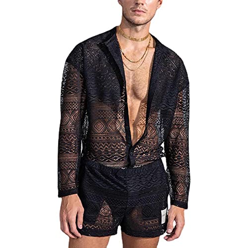 Pyjama Set Herren Top Shorts Anzug Set Hemd Shorts hohl einfarbig Spitze Outfit für Hochzeit Nacht Flitterwochen sexy Strand Urlaub Shirt Set Männer Hochzeitsgeschenk von Beokeuioe