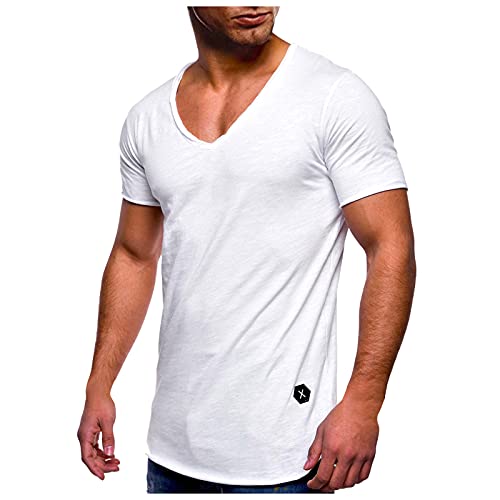 dehnbar einfarbiges Basic Shirt Herren Uni T-Shirt mit extra tiefem V-Ausschnitt Slimfit deep V-Neck Stretch t-shirt Kurzarm top casual sommer bluse Bottoming Unterhemd von Beokeuioe