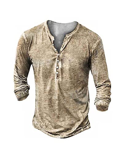 Henley-Shirts für Herren, Used-Look, Knopfleiste vorne, Retro, langärmelig, mit Knopfleiste, gewaschen, khaki, XX-Large von Beotyshow