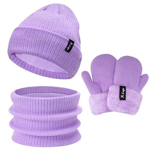 Bequemer Laden Baby Kinder Winter Warm Mütze Loop Schal Fäustlinge Set, Jungen Mädchen Thermo Wintermütze Strickmütze Schlauchschal Handschuhe Winterhandschuh für 0-3 Jahre, A Lila von Bequemer Laden