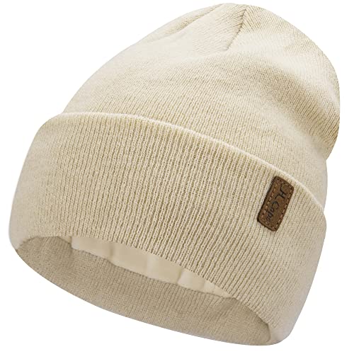 Bequemer Laden Damen Herren Winter Warm Beanie Müte Strickmütze Slouchy Wintermütze Cuffed Skull Cap mit Fleece Gefüttert, Beige, Einheitsgröße von Bequemer Laden