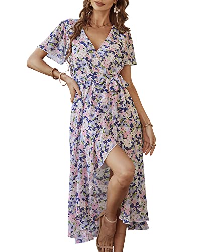 Damen Sommer Lang Kleid V-Ausschnitt Kurzarm Blumen Maxikleid A-Linie Rüschen Sommerkleid Schlitz Gürtel Boho Strandkleid Wickelkleid 2023, B Aprikose, XXL von Bequemer Laden