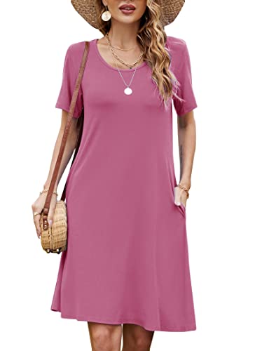 Damen Sommer Tshirt Kleid Locker Rundhals Kurzarm Midi Kleider Elegant Blumen Sommerkleid Knielang Strandkleid Lässig Midikleid Freizeitkleid mit Taschen, A Lila Rosa, M Damen Sommer Tshirt Kleid Locker Rundhals Kurzarm Midi Kleider Elegant Blumen Sommerkleid Knielang Strandkleid Lässig Midikleid Freizeitkleid mit Taschen, A Lila Rosa, M von Bequemer Laden