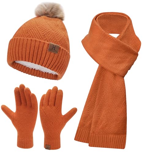 Bequemer Laden Damen Winter Warm Mütze Touchscreen Handschuhe und Lang Schal Set mit Dick Fleece Gefütterte, Thermo Wintermütze Strickmütze Beanie Schals Winterhandschuhe Strickhandschuhe, Orange von Bequemer Laden